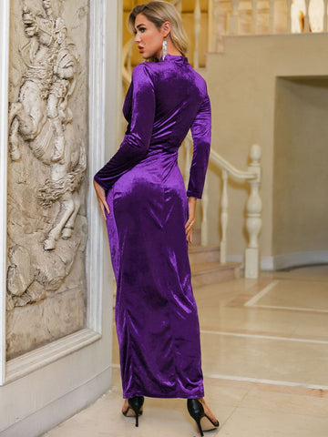 Glamaker Split Thigh Mock Neck Velvet Prom Dress