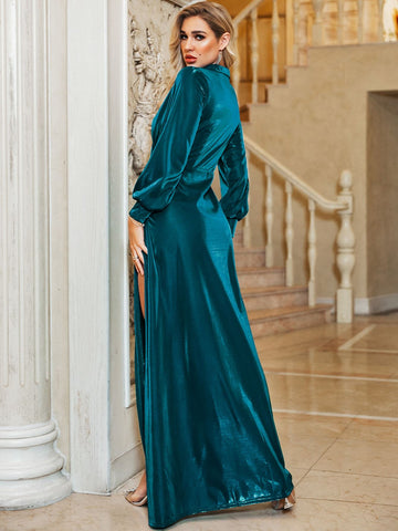 Glamaker Plunge Neck Bishop Sleeve Wrap Metallic Formal Dress