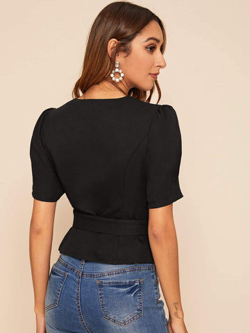 Button Front Puff Sleeve Belted Blouse