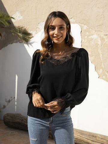 Contrast Lace Flounce Sleeve Blouse