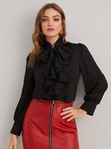 Tie Neck Ruffle Plaid Blouse