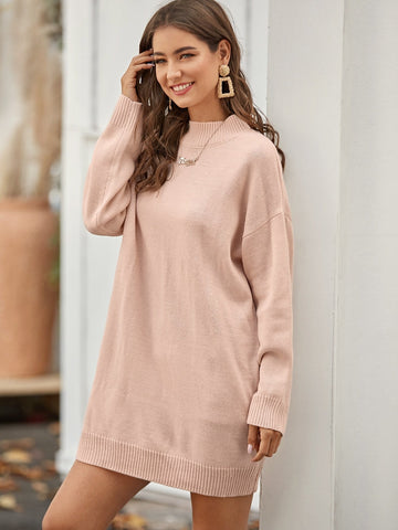 Mock Neck Drop Shoulder Jumper Dress Without Belt