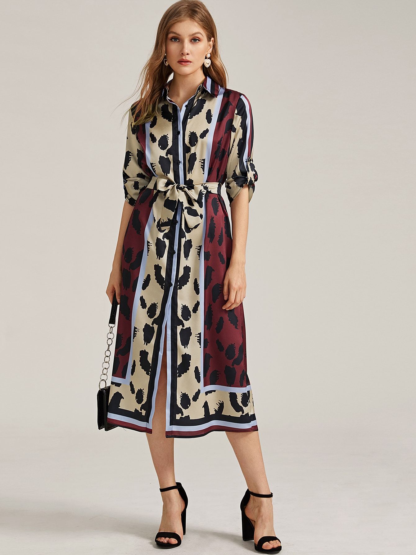 Color-block Roll-up Sleeve Belted Shirt Dress