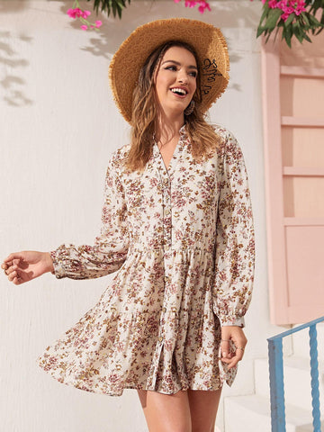 Button Up Floral Smock Dress