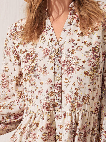 Button Up Floral Smock Dress