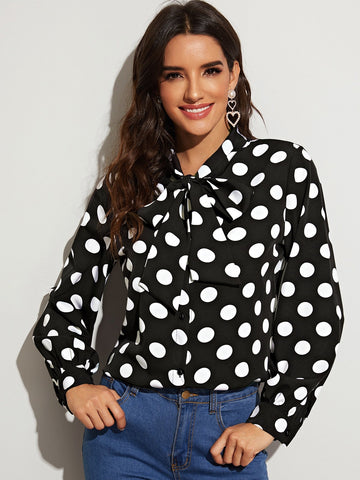 Polka Dot Tie Neck Button Through Blouse