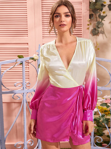 Two Tone Wrap Belted Satin Dress