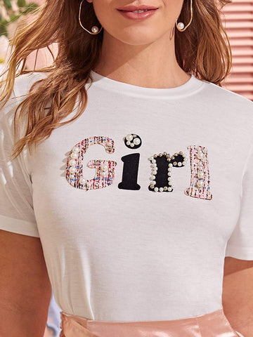 Pearls Beaded Letter Graphic Tee