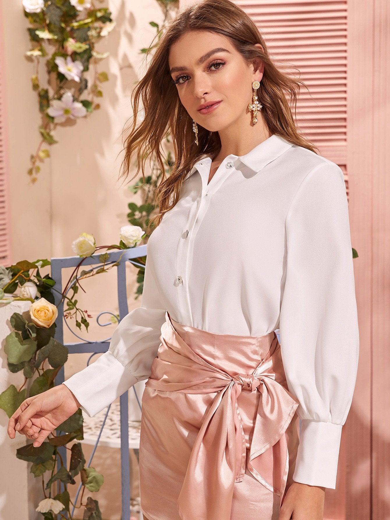 Button Front Blouson Sleeve Solid Blouse