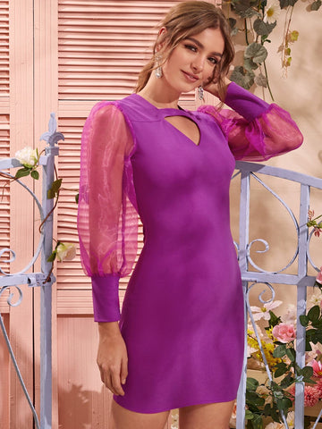 Choker Neck Sheer Mesh Blouson Sleeve Bodycon Dress