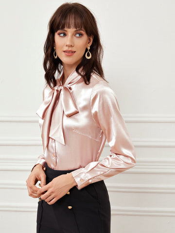 Tie Neck Button Front Satin Blouse