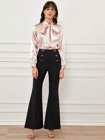 Tie Neck Button Front Satin Blouse