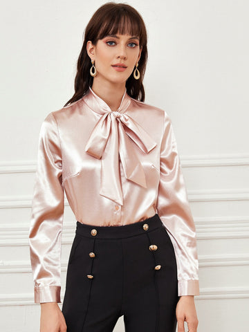 Tie Neck Button Front Satin Blouse