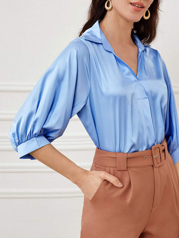 Blouson Sleeve Solid Satin Blouse