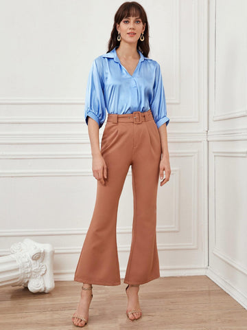 Blouson Sleeve Solid Satin Blouse