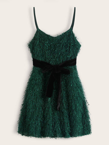 Self Tie Shaggy Mini Cami Dress