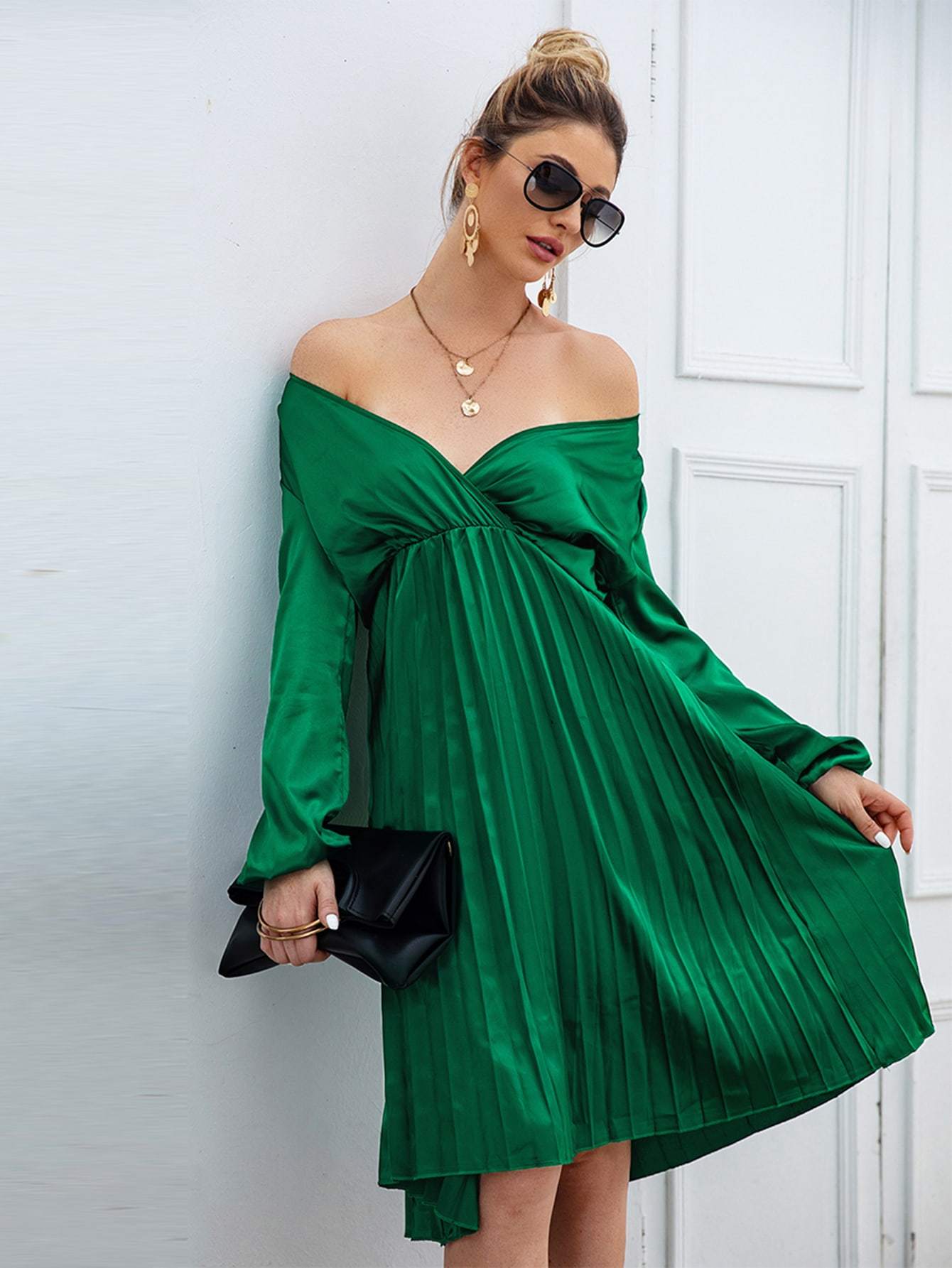 Neon Blue Surplice Front Pleated Hem Satin Dress