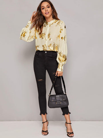 Blouson Sleeve Gold Floral Print Blouse
