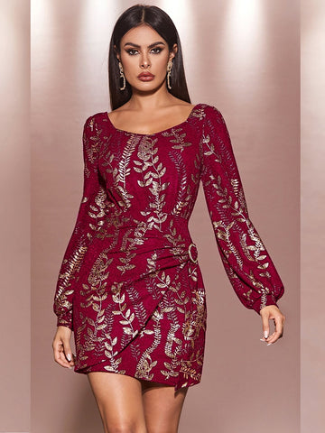Gold Plant Print Ruched Wrap Hem Dress