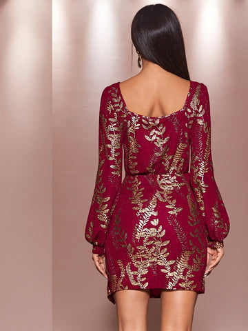 Gold Plant Print Ruched Wrap Hem Dress