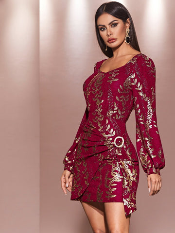 Gold Plant Print Ruched Wrap Hem Dress