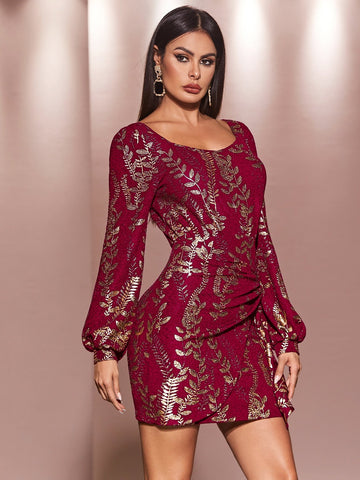 Gold Plant Print Ruched Wrap Hem Dress