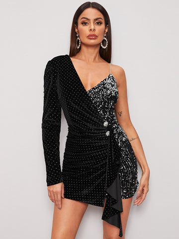 Asymmetrical Neck Polka Dot Sequin Combo Bodyocn Dress