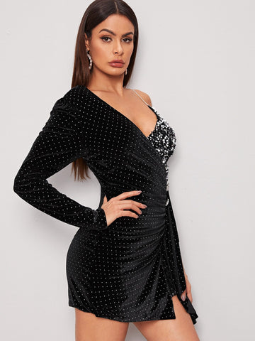 Asymmetrical Neck Polka Dot Sequin Combo Bodyocn Dress