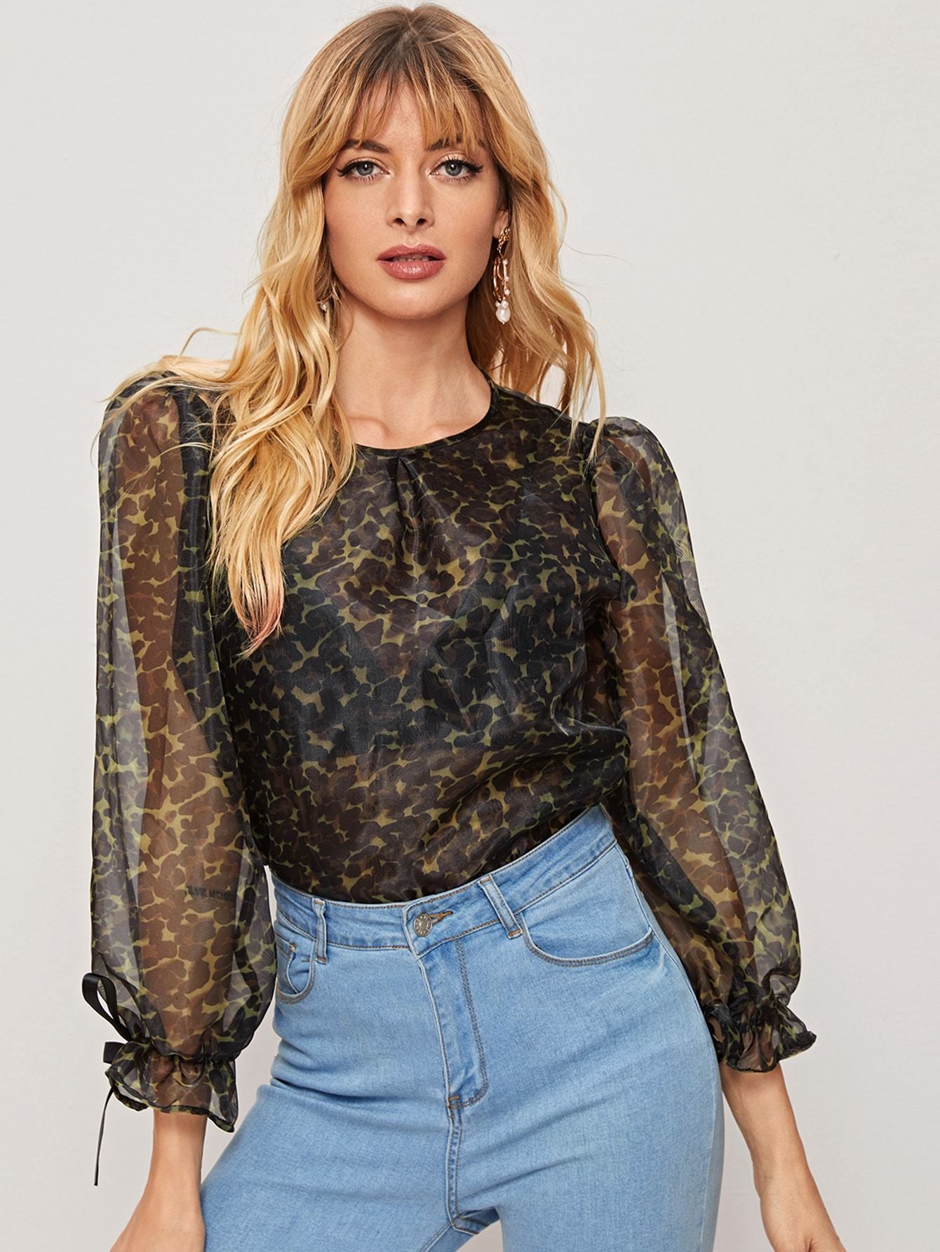 Tie Cuff Allover Print Sheer Organza Blouse