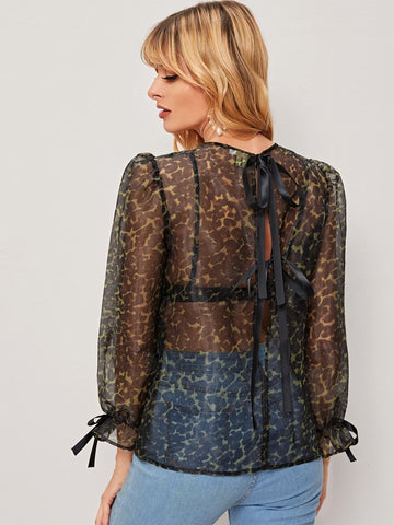 Tie Cuff Allover Print Sheer Organza Blouse