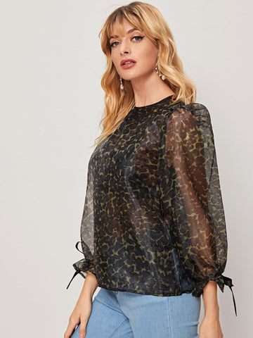 Tie Cuff Allover Print Sheer Organza Blouse