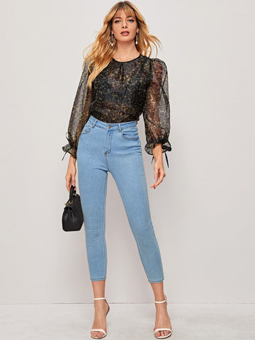 Tie Cuff Allover Print Sheer Organza Blouse