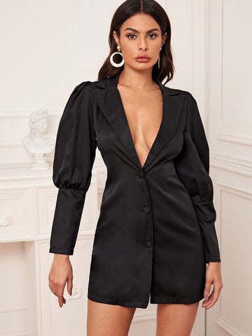 Plunge Neck Button Front Gigot Sleeve Blazer Dress