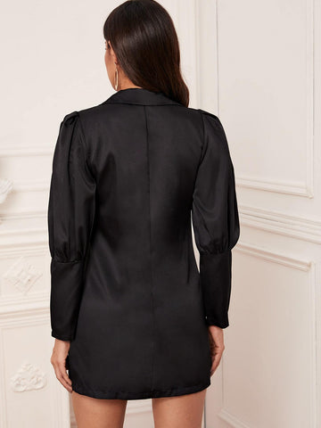 Plunge Neck Button Front Gigot Sleeve Blazer Dress