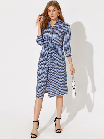 Twist Front Split Detail Plaid Dress