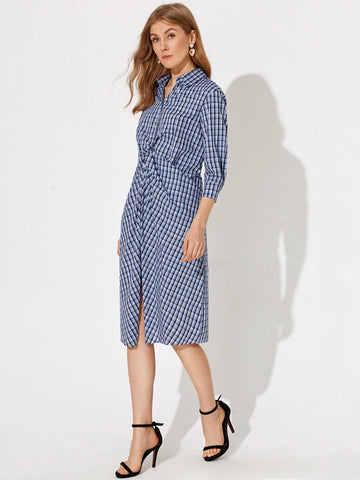 Twist Front Split Detail Plaid Dress