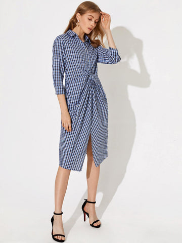 Twist Front Split Detail Plaid Dress