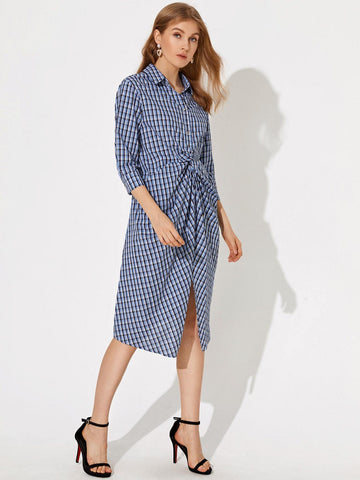 Twist Front Split Detail Plaid Dress