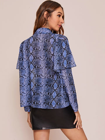 Snakeskin Print Tie Neck Blouse