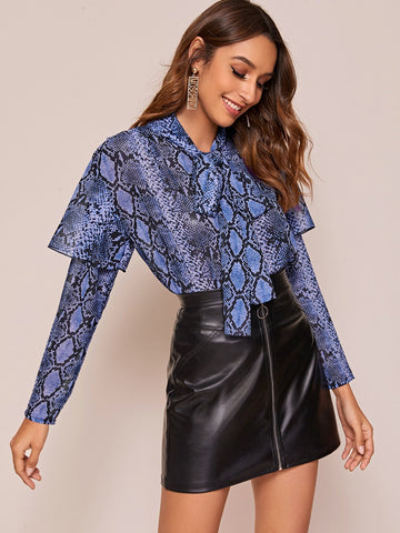 Snakeskin Print Tie Neck Blouse