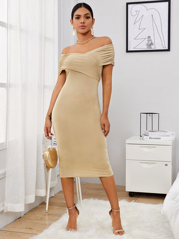 SHEIN Foldover Off Shoulder Wrap Front Bodycon Dress