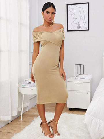 SHEIN Foldover Off Shoulder Wrap Front Bodycon Dress