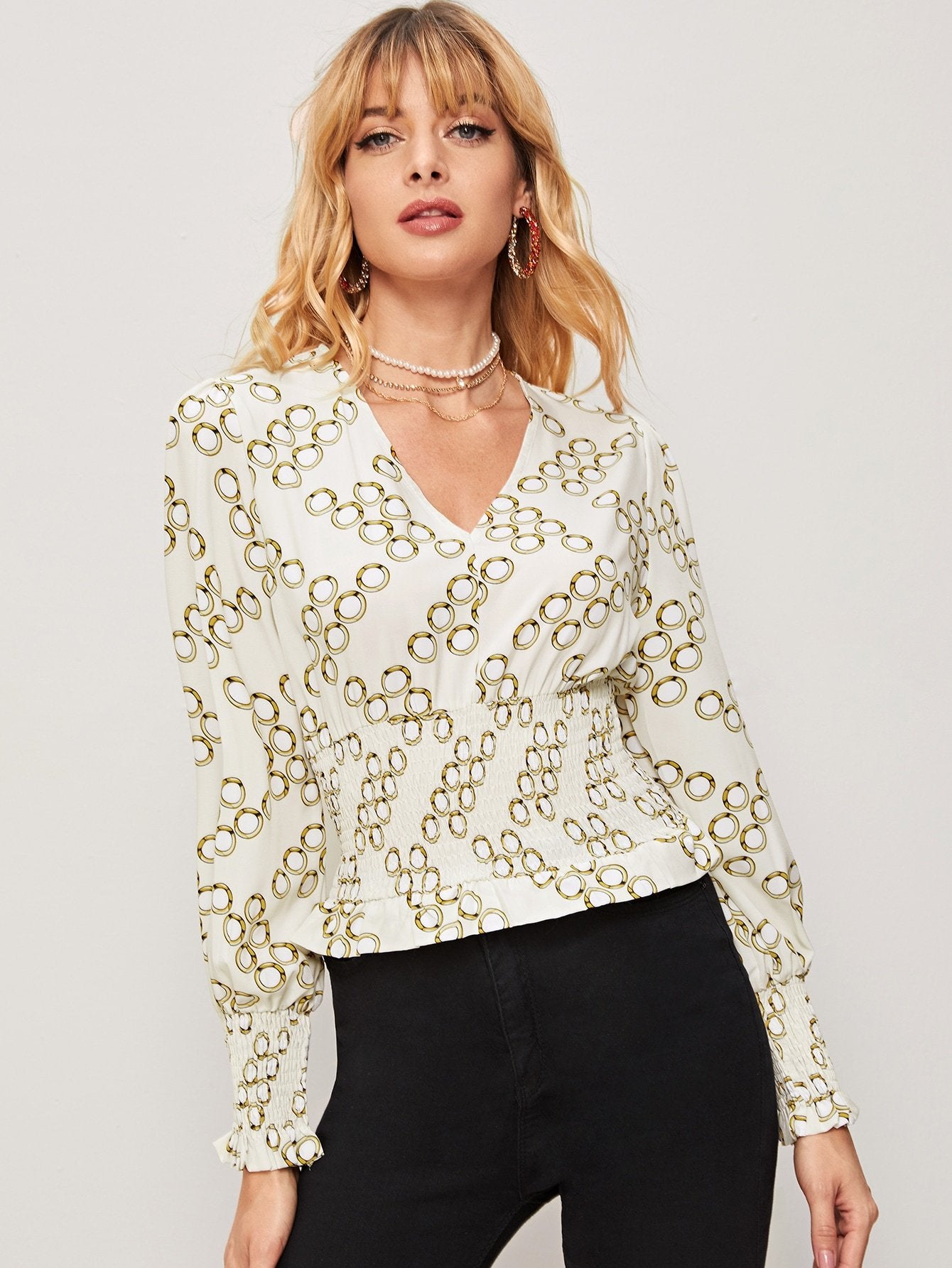 All Over Circles Print Shirred Waist Blouse