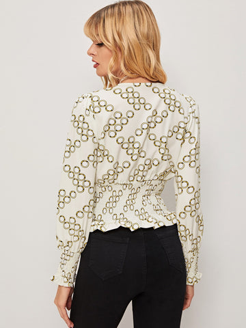All Over Circles Print Shirred Waist Blouse