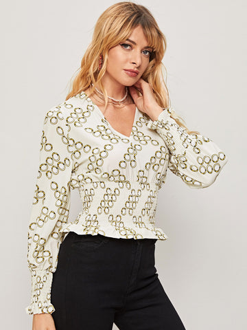 All Over Circles Print Shirred Waist Blouse