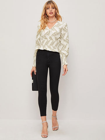 All Over Circles Print Shirred Waist Blouse