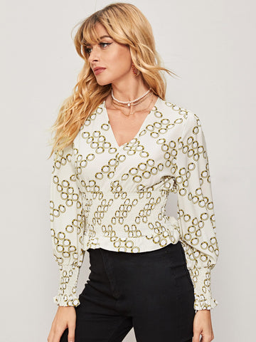 All Over Circles Print Shirred Waist Blouse