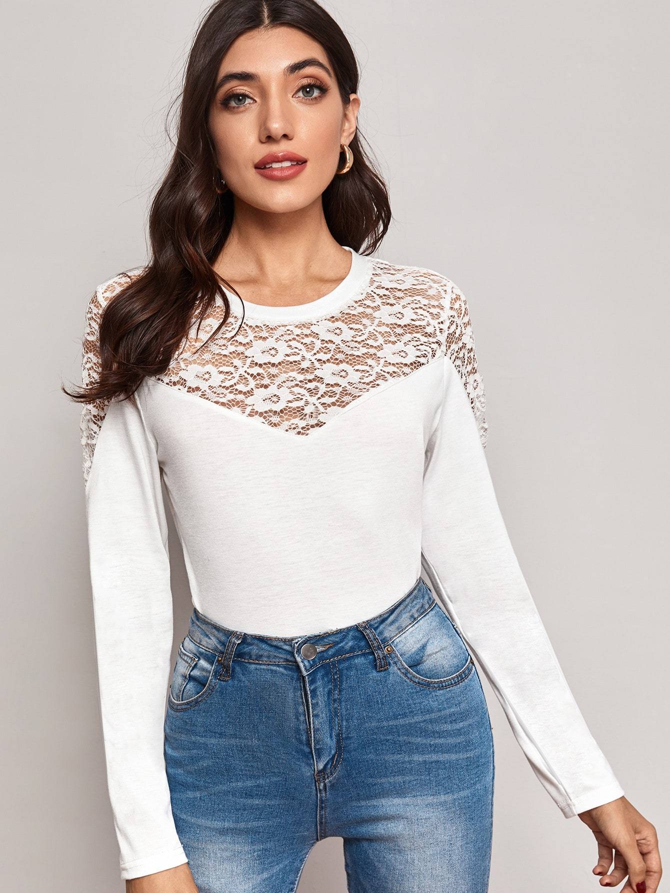 Contrast Lace Long Sleeve Tee