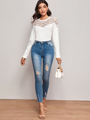 Contrast Lace Long Sleeve Tee