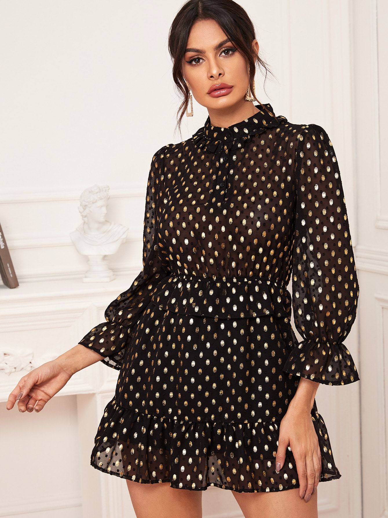 Gold Print Sheer Swiss Dot Ruffle Hem Dress